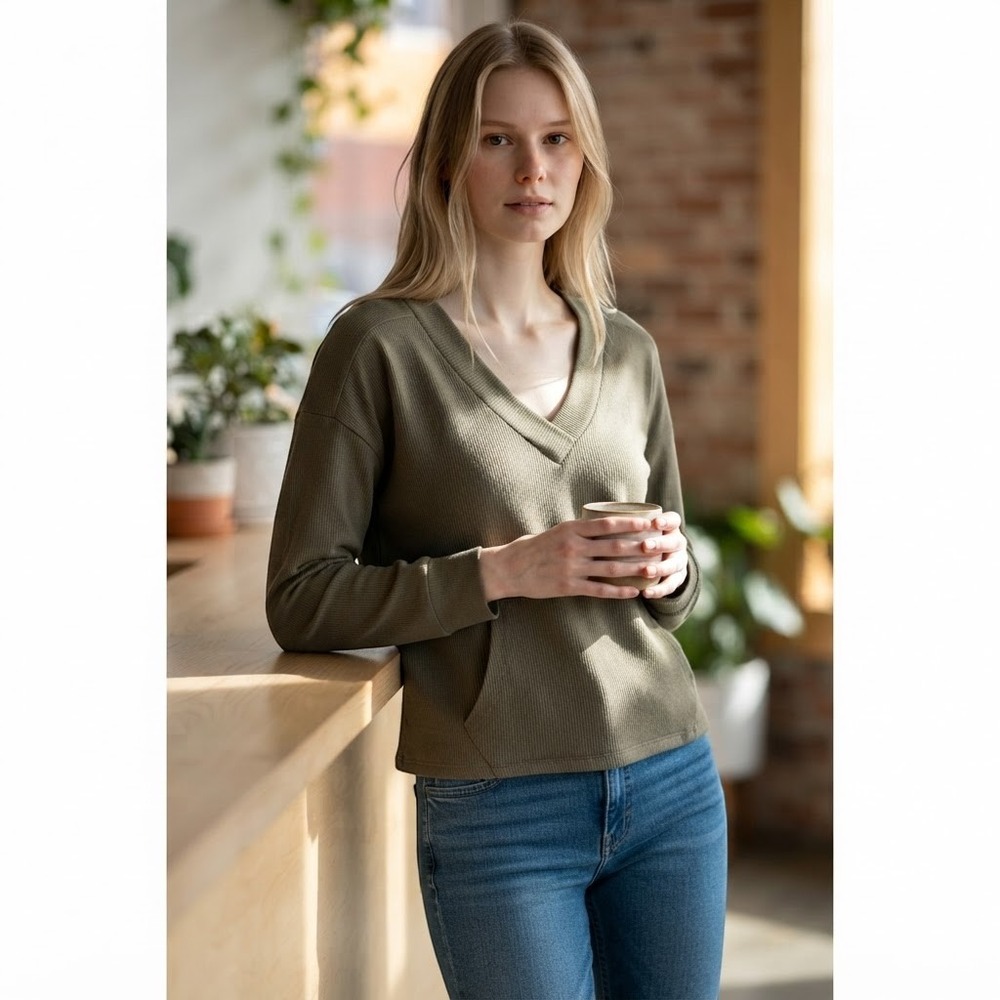 Evereve Ribbed Kangaroo Pocket Pullover Olive Green V-Neck Sweatshirt Size S